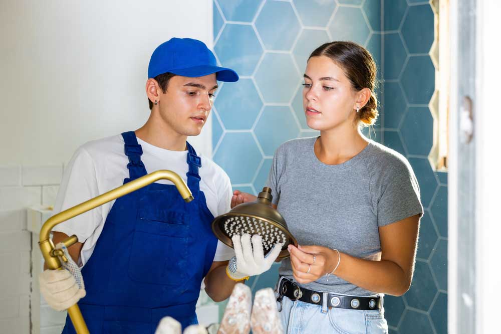 plumber and homeowner talking